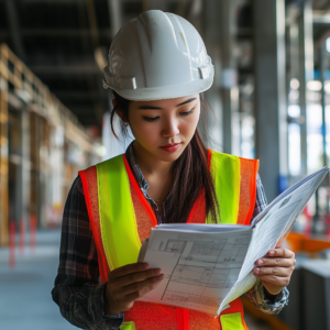A photograph of an Asian woman engineer reading a safety manual on a construction site