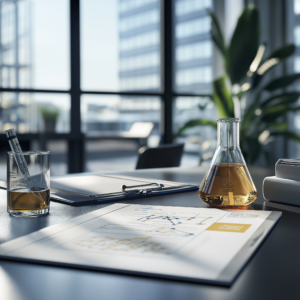 Photograph of a complex technical document explaining the chemistry behind a new product, lying on a desk in a lab